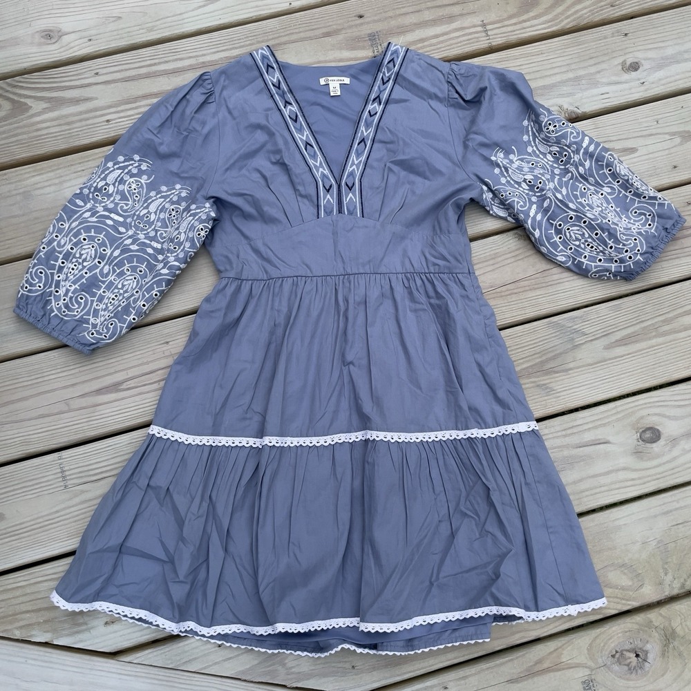 Boho Embroidered Tiered Mini Dress Dusty Blue Puff Sleeve Lace Trim Cottagecore